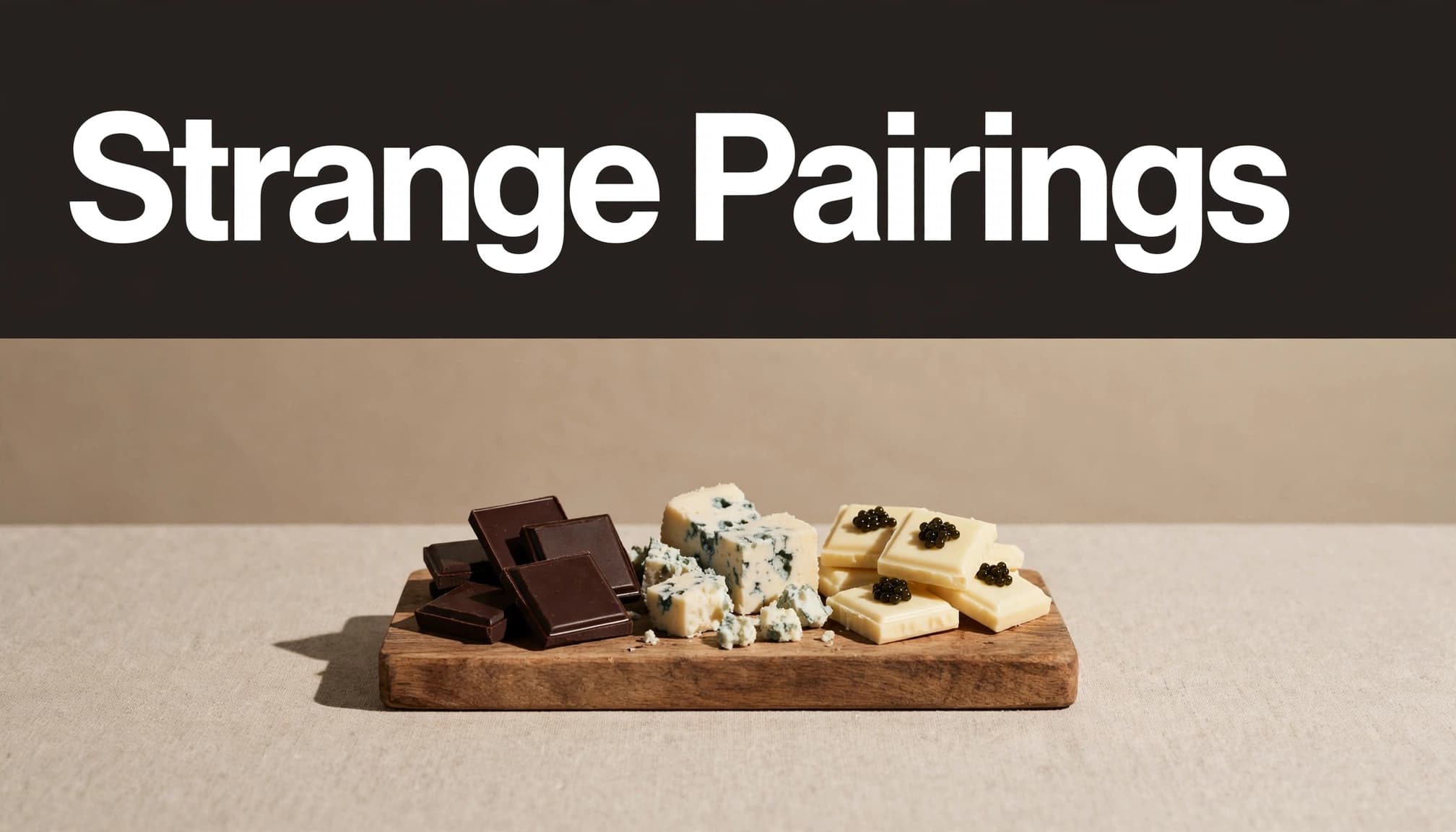 A tasting board pairs dark chocolate with blue cheese and white chocolate with caviar.