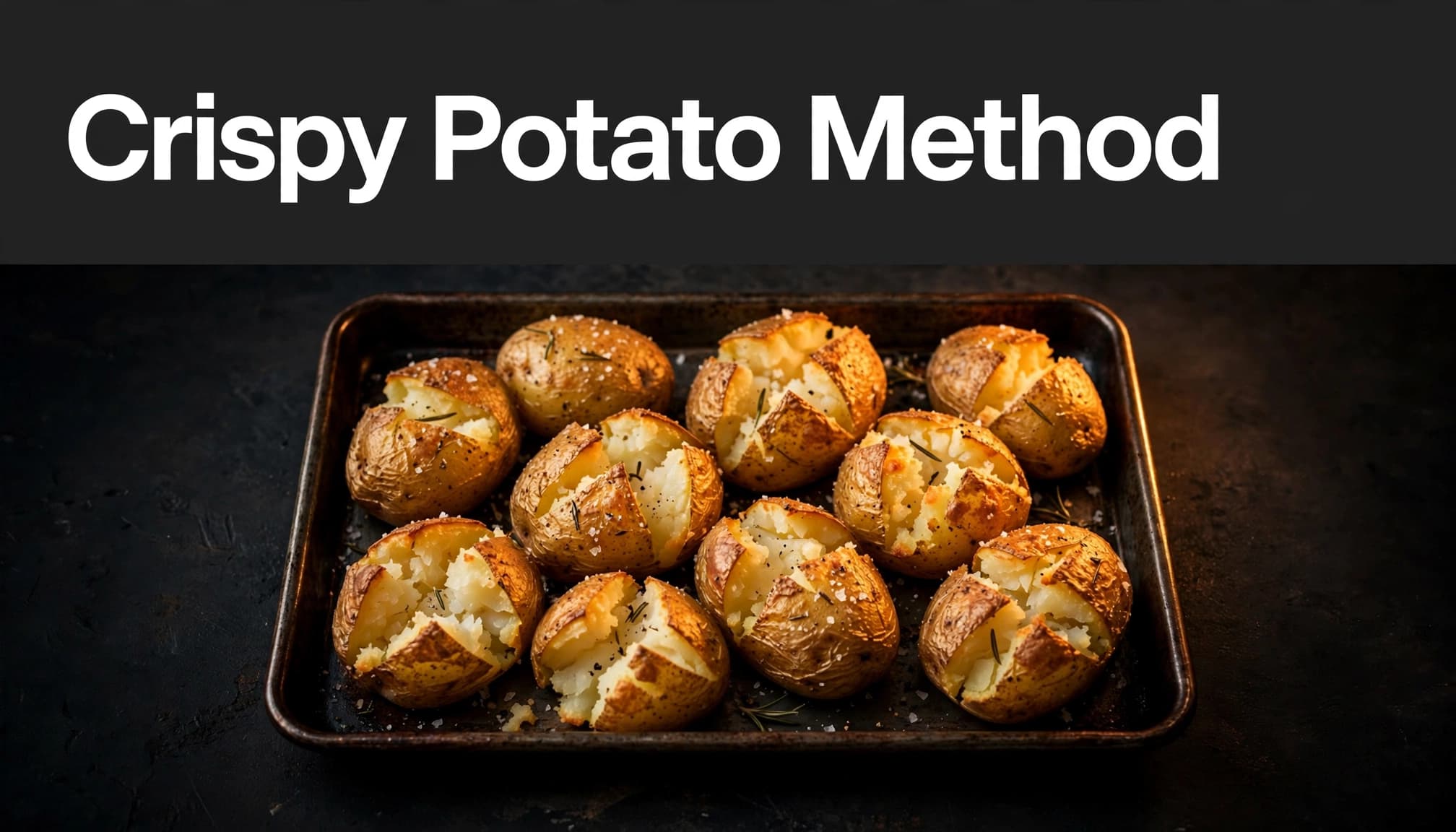 A tray of golden crispy potatoes under a dark headline band.